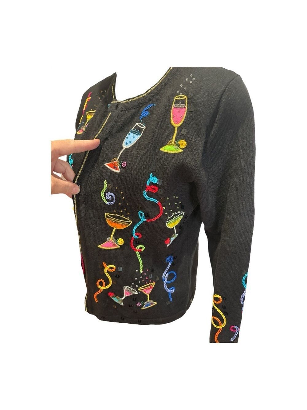80s BERER 2 BLACK & MULTI-COLOR COCKTAILS HOUR W STREAMERS CARDIGAN SWEATER SZ S - Picture 4 of 12